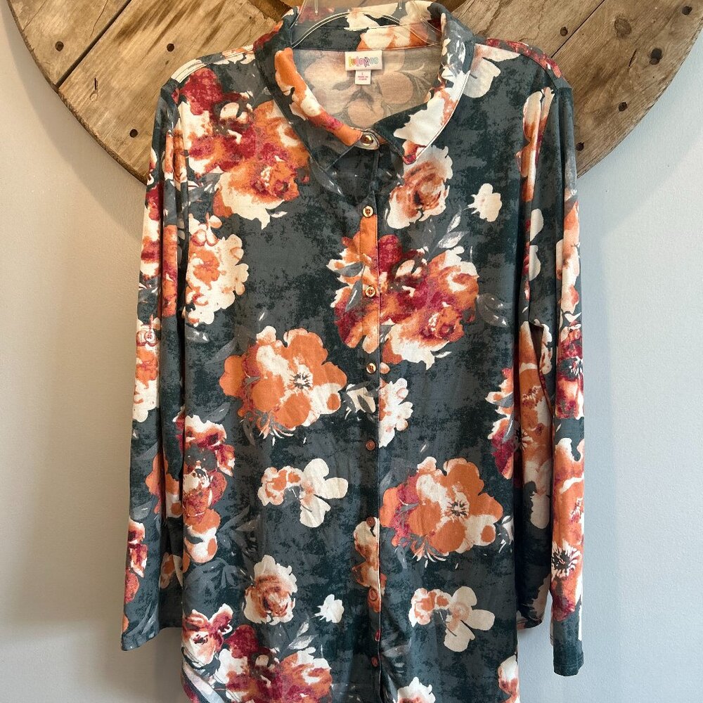 LulaRoe gray button-down shirt with white/pink/orange floral pattern-L